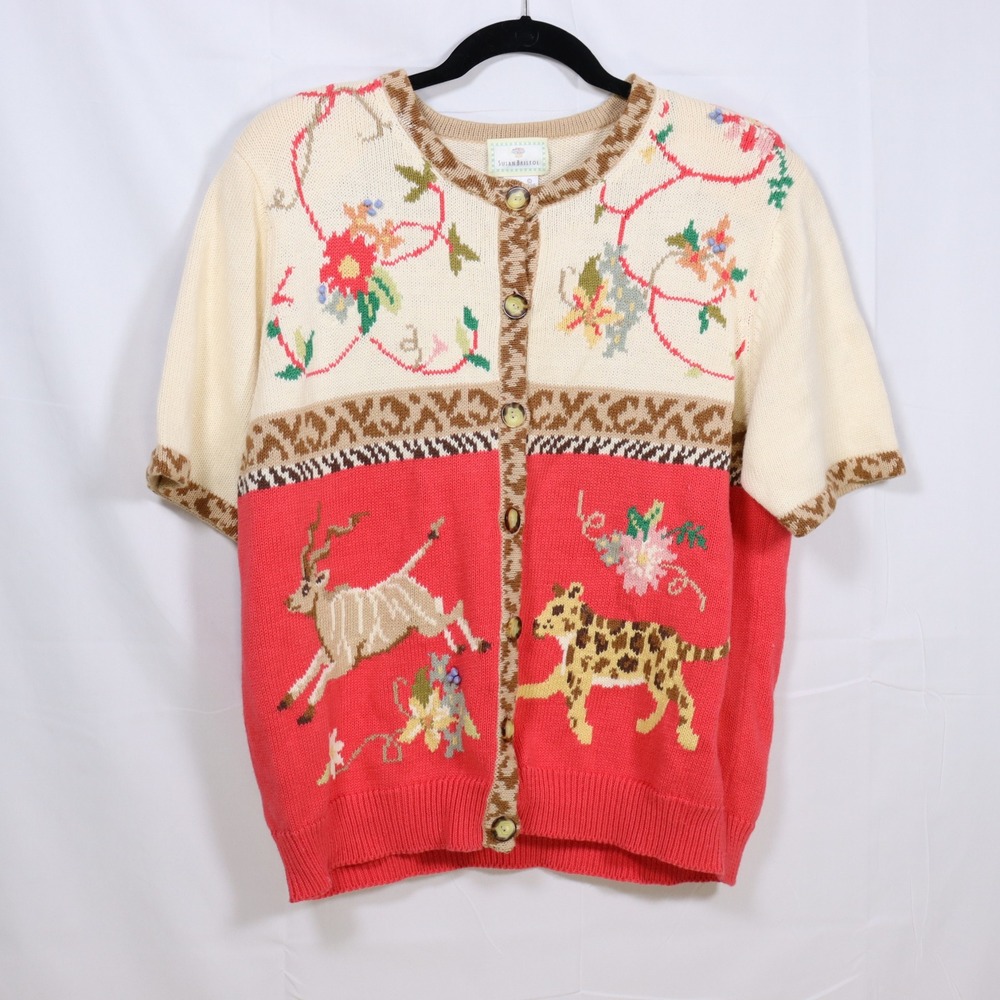 Susan Bristol Cardigan Sweater XL Red Cream Womens Cottagecore Safari Knit